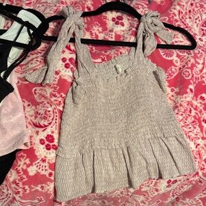 Tan and White Smocked Ruffled Crop Top